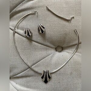 Avon Black Enamel Rhinestone Slide Pendant Silver Tone with earrings